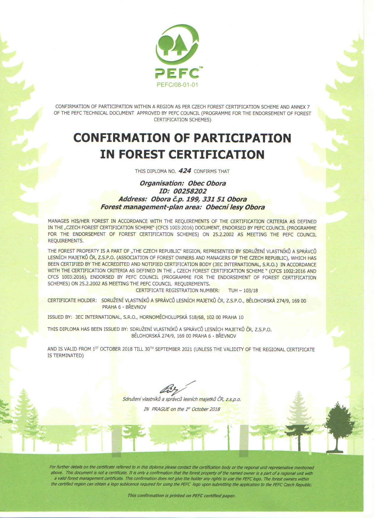 Osvědčení o účasti v certifikaci lesů v angličtině